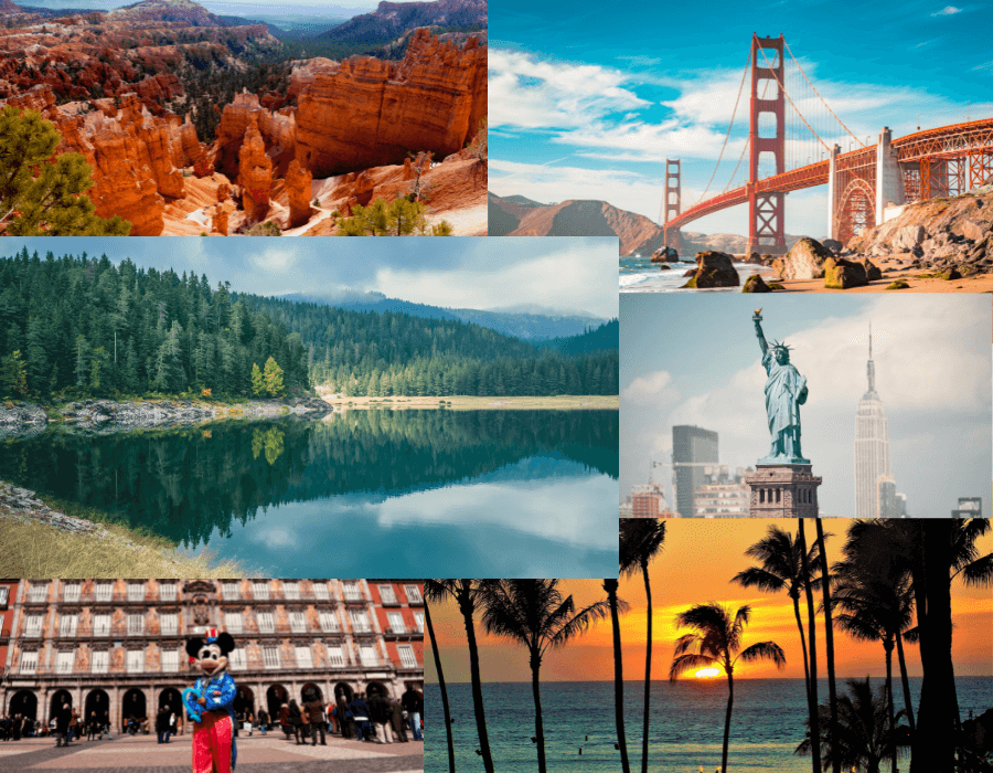 Disneyland, Golden Gate Bridge, Rocky Mountains, Hawaii, Statue of Liberty, Yosemite National Park