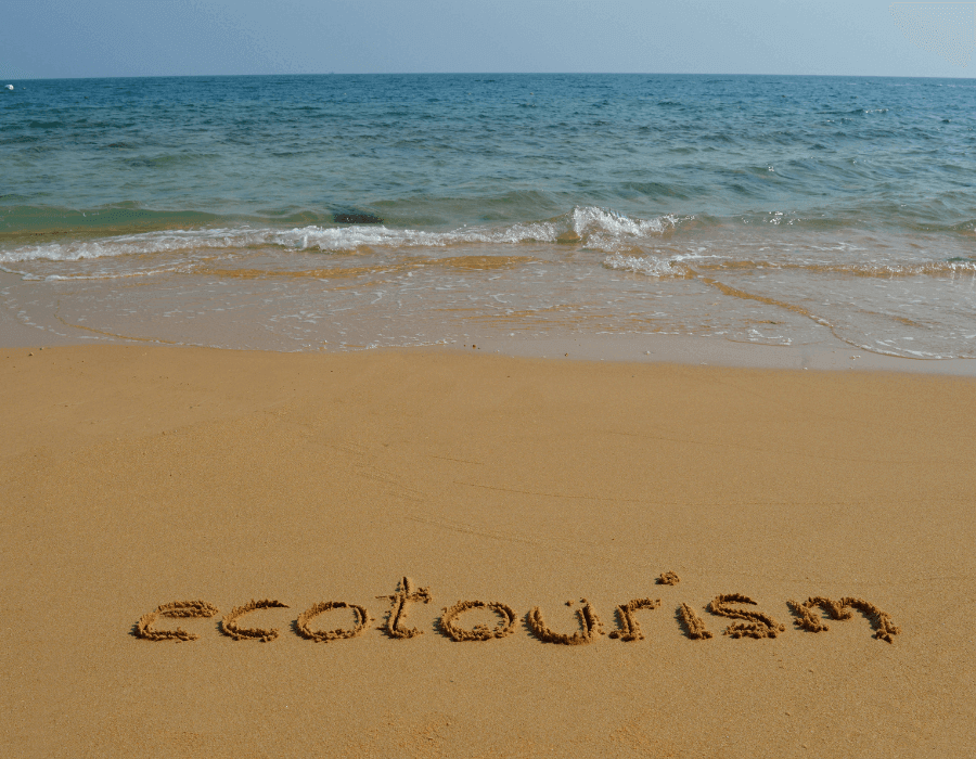 The word Ecotourism written in sand at the beach