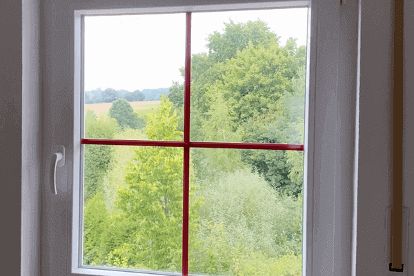 Ein Fenster mit roten Sprossen