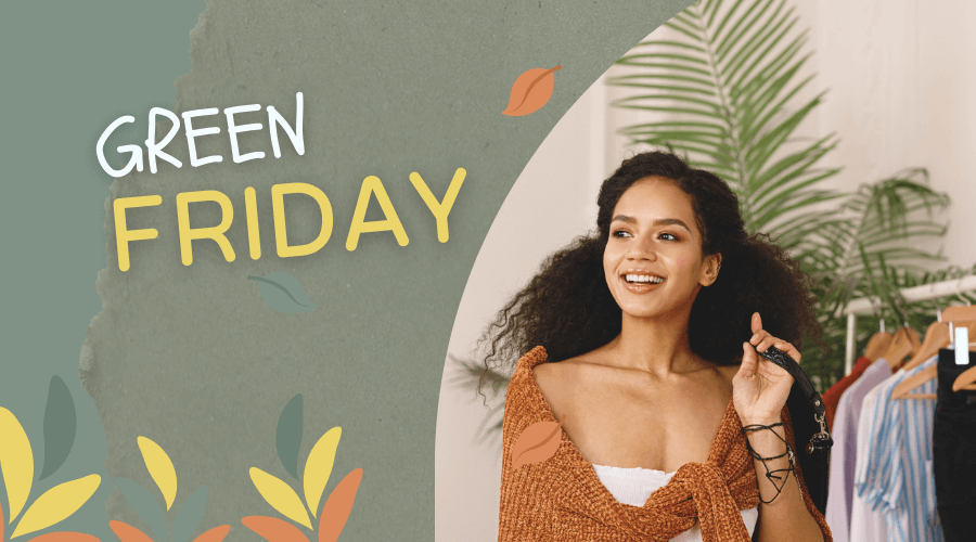 Banner for Green Friday with woman smiling in front of a plant